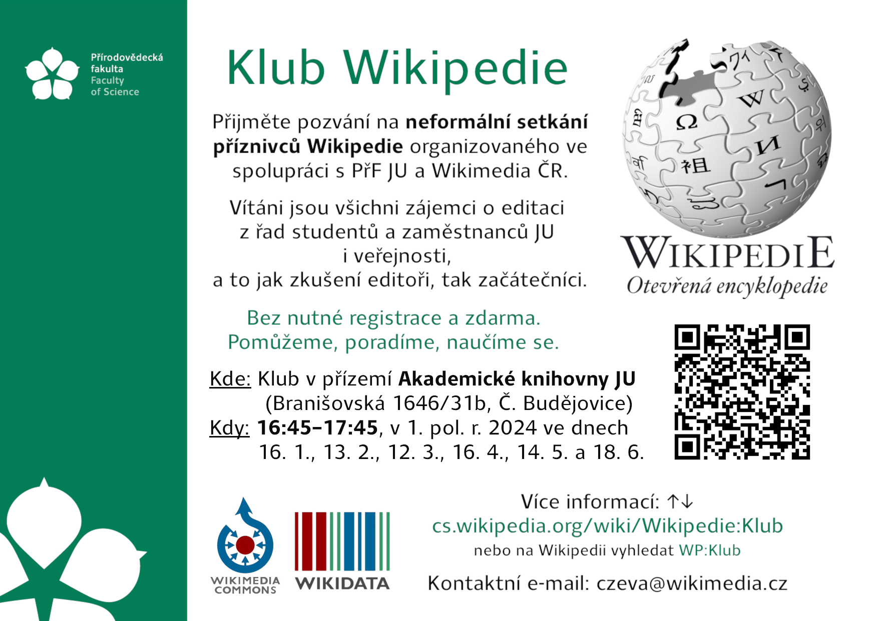 Plakát Klubu Wikipedie v Českých Budějovicích s daty konání