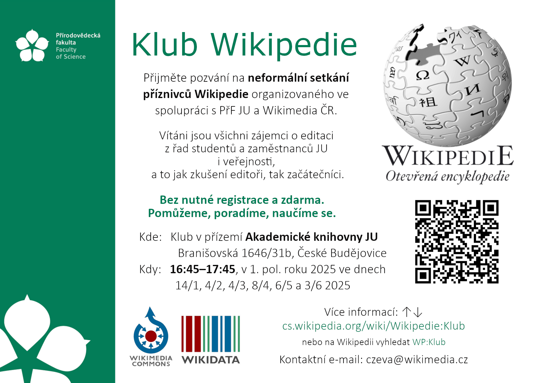 Plakát Klubu Wikipedie v Českých Budějovicích s daty konání